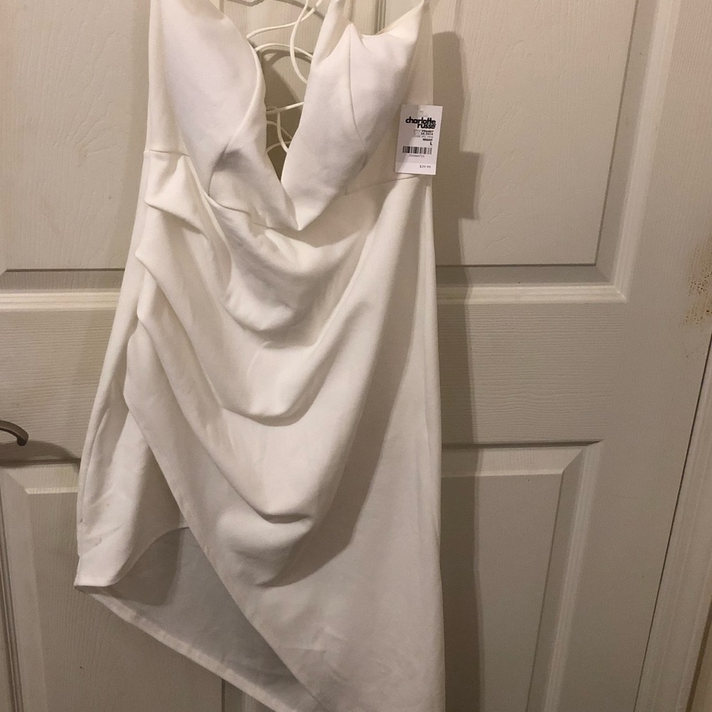 White lace up back asymmetrical dress